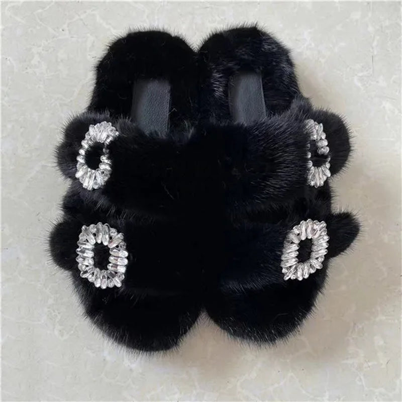 Winter Fur Slippers Women 2024 Flat Real Fur Mink Slippers Warm Soft Indoor Women Fur Slippers Luxury Designer Female Shoes