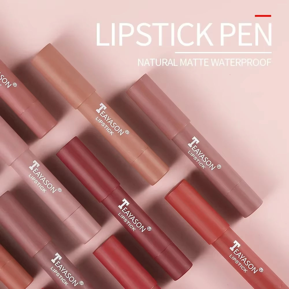 12Colors Natural Matte Lipstick Pencil Silk Lip Glaze Waterproof Lipstick Sexy Long Lasting Makeup Non-Stick Cup Lip Tint