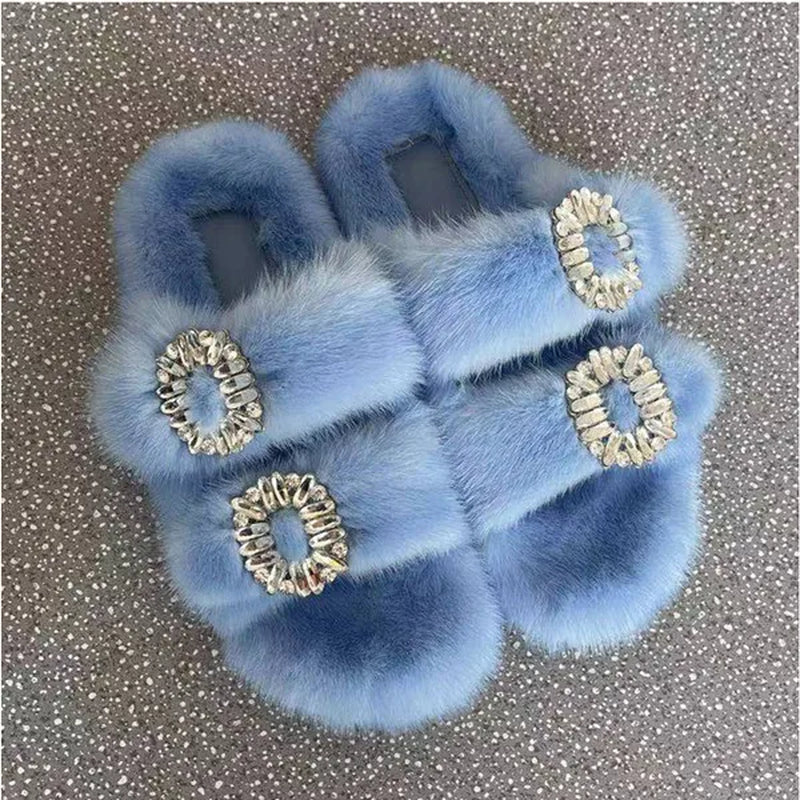 Winter Fur Slippers Women 2024 Flat Real Fur Mink Slippers Warm Soft Indoor Women Fur Slippers Luxury Designer Female Shoes